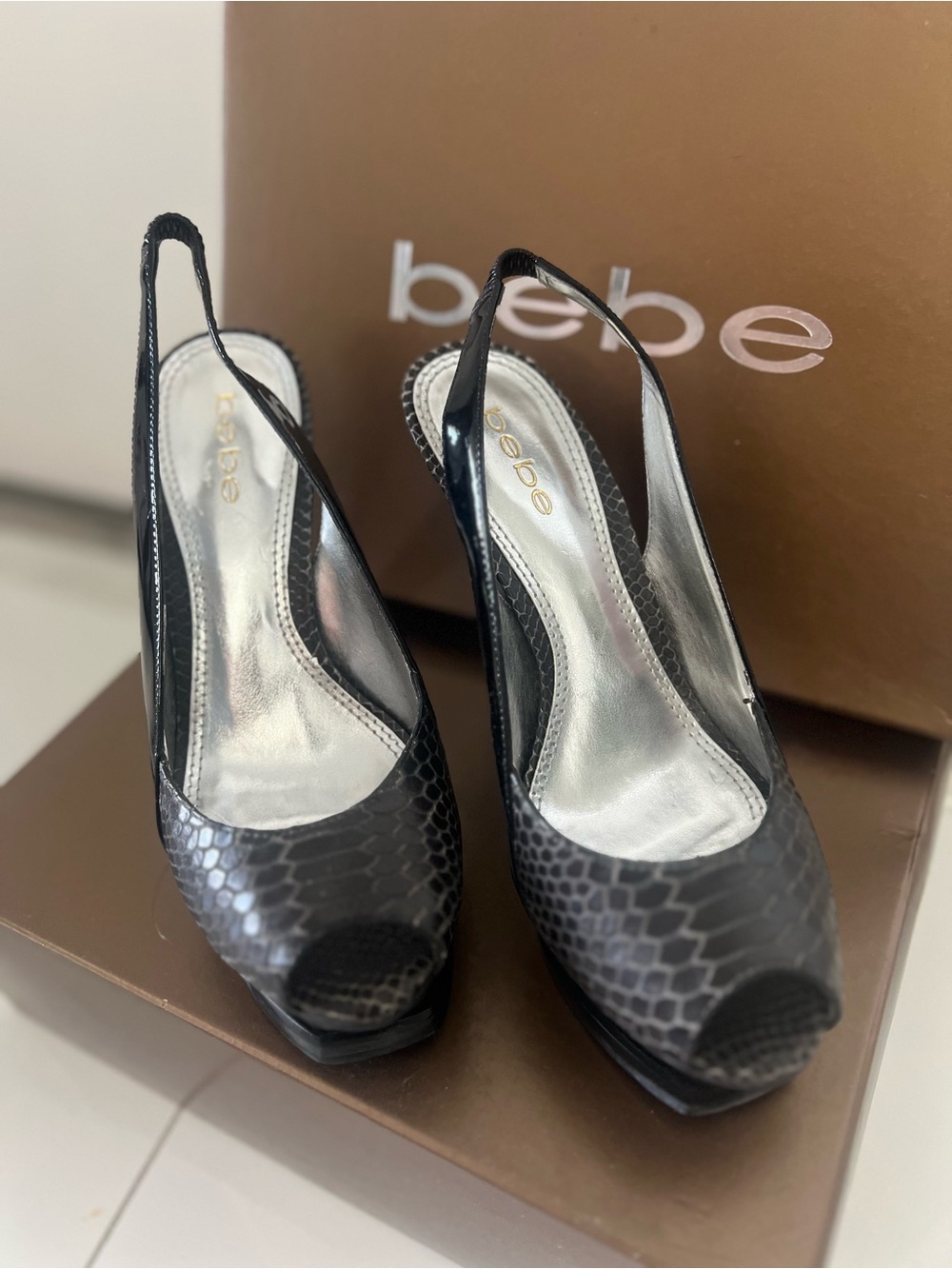 bebe Black Snake-Embossed Slingback Heels